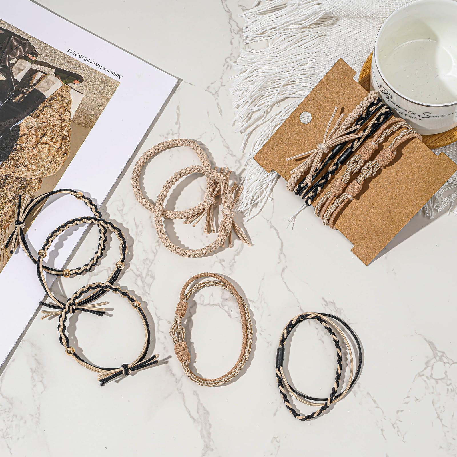 Hair Ties Bracelet Boho Hair Tie for Women, Lolalet Super Cute Soft Braided Elastics, Strong No Pull Nylon Ponytail Holder for Thin Long Curly Hair - 12 Pcs, Style E
