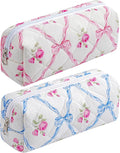 HHQQWZ Cute Floral Cotton Makeup Brush Cosmetic Bag for Women, Travel Quilted Zipper Make Up Bag, Flowers Toiletry Organizer Case Kawaii Makeup Cosmetic Travel Cloth Pouch (Pink Bowknot+Blue Bowknot)