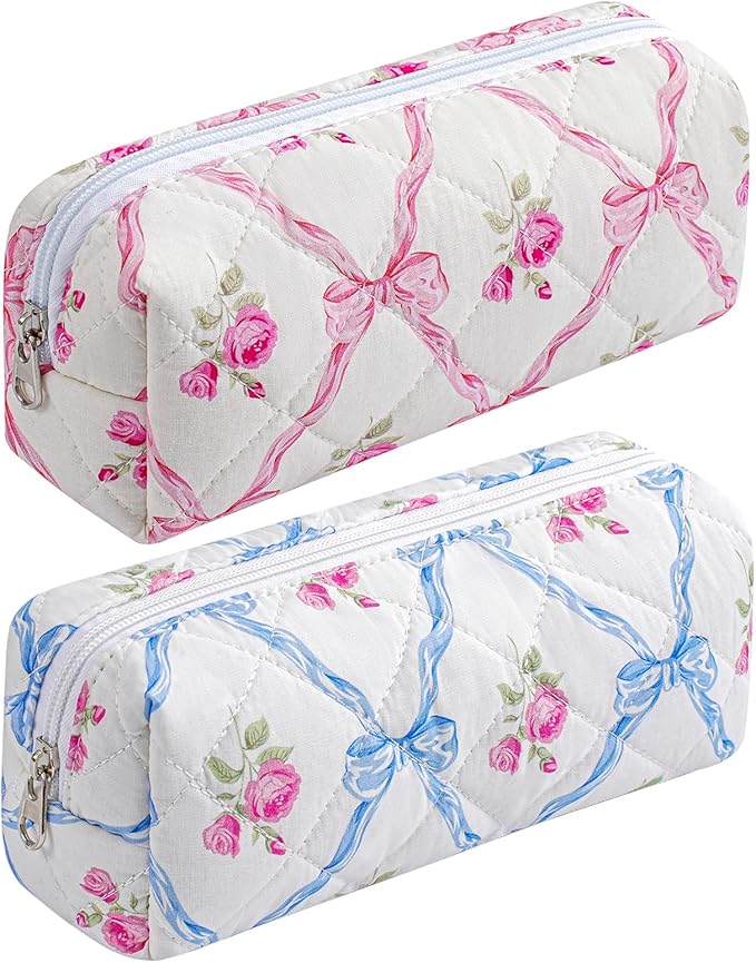 HHQQWZ Cute Floral Cotton Makeup Brush Cosmetic Bag for Women, Travel Quilted Zipper Make Up Bag, Flowers Toiletry Organizer Case Kawaii Makeup Cosmetic Travel Cloth Pouch (Pink Bowknot+Blue Bowknot)