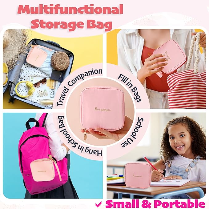 Essential First Period Kit for Girls 10-12 | Period Bags for Teen Girls for School | First Period Gift with Sanitary Pad Storage Bag, Wipes, Period Tracker and More(Pink)