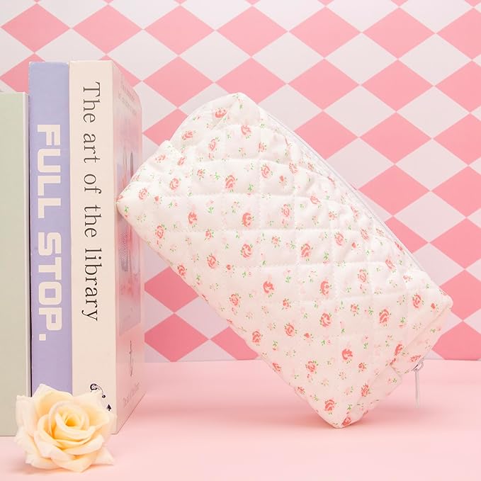 PAZIMIIK Small Quilted Makeup Bag,Zipper Cosmetic Pouch,Gauze Rose,2 Pack
