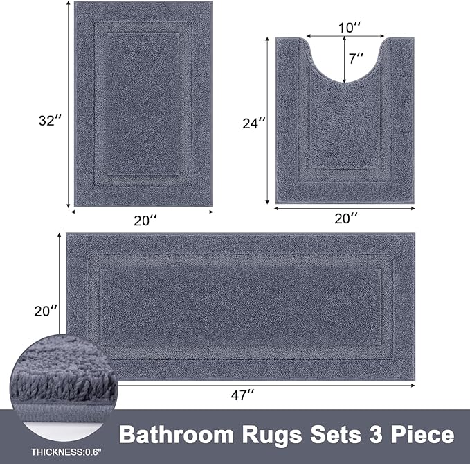 SHACOS Dark Grey Bathroom Rugs Sets 3 Piece Bath Mat U Shaped Toilet Rug