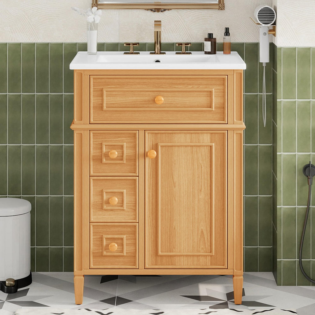 Harper & Bright Designs 24" Bathroom Vanity with Sink, Free Standing Single Basin Vanity Set with Tip-Out Drawer, 2 Drawers, and 2 Doors, Wood Bathroom Cabinet with Ceramic Basin for Bathroom, Wood