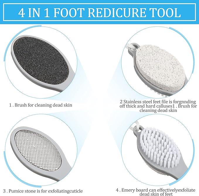 Sieral 4 Pack Pumice Stone Brush for Feet 4 in 1 Scrubber Foot Care Pedicure Kit with Grinding Pumice, Cleaning Brush, Foot File and Rubbing Footplate for Women Men Home Care Set