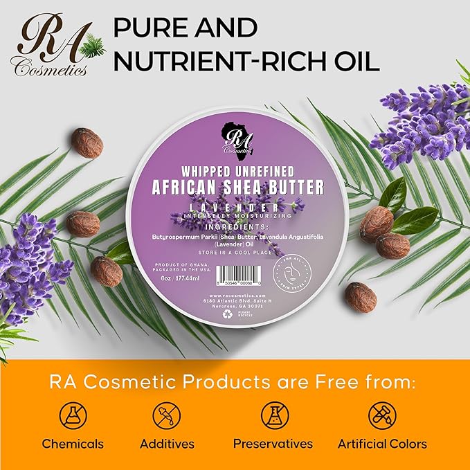 RA COSMETICS Whipped Shea Butter with Lavender Extract – 100% Unrefined Shea Body Butter from Ghana – Moisturizes Skin, Nourishes & Conditions Hair – Softens and Smooths Lips, Hands & Feet – 12oz