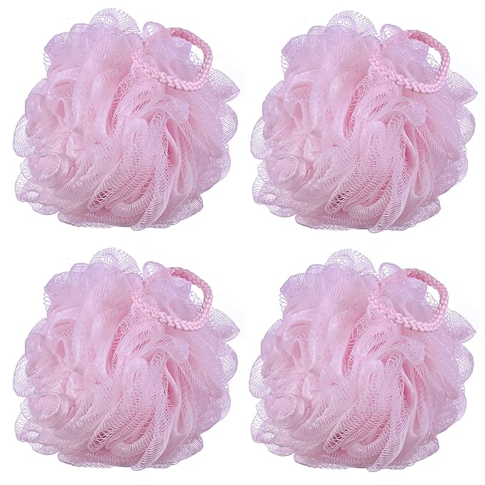 iboodi 60g/pcs Pink Mesh Bath Sponge Shower Pouf Loofahs Shower Puff Pack of 4 (Pink)