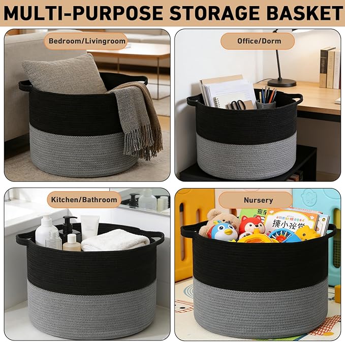 65L Large Blanket Basket,19.7" L x 19.7" W x 13" H Rope Woven Baskets with Handles, Toys Storage Bins,Laundry Basket Perfect for Living Room, Nursery,Bedroom,Home Organization,Black&Dark Grey