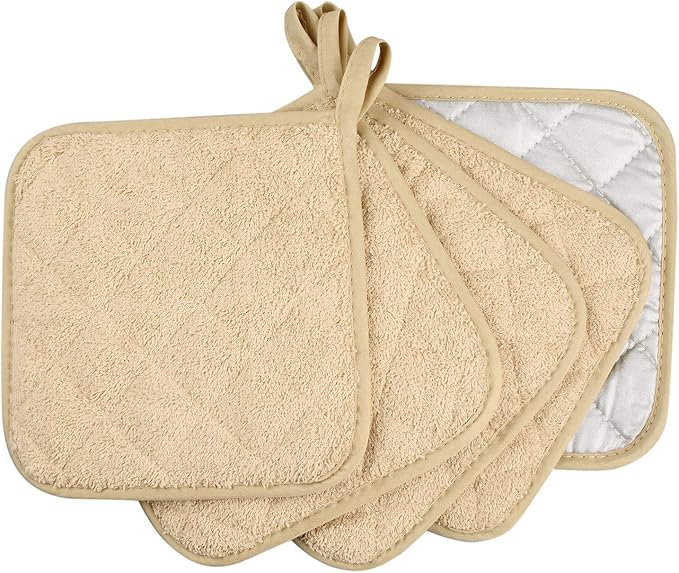 Lifaith Pot Holders for Kitchen, 100% Cotton Terry Pot Holder Set of 5, Heat Resistant Hot Pads for Cooking, Baking, Hot Dishes and Countertop Protection,Light Brown