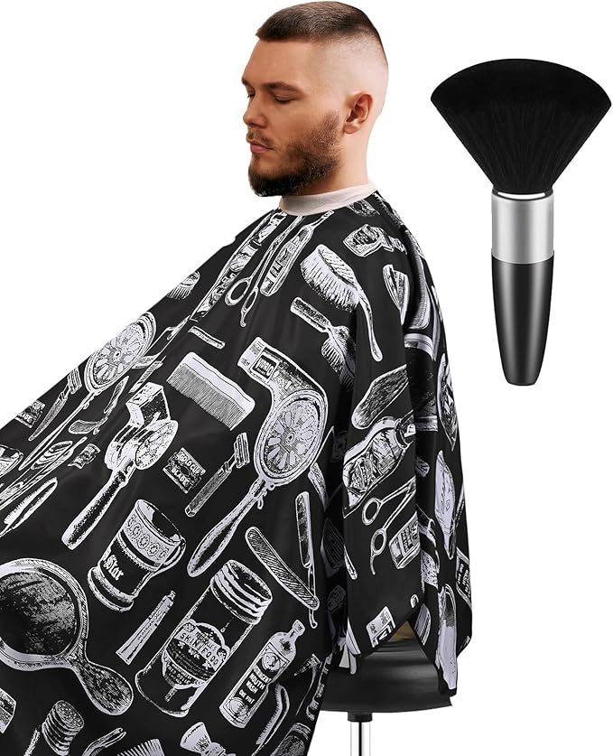 ULG Professional Hair Cutting Cape with Neck Duster Brush Waterproof Extra Large Size Salon Barber Cape Haircut Cape for Men Women and Kids, 57”×72” Full Body Coverage, Black with White Printing