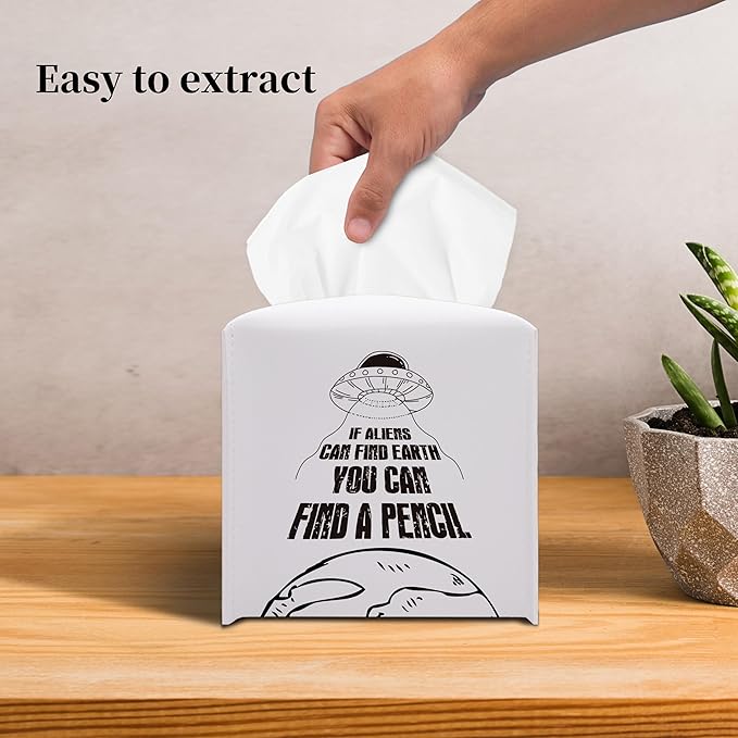 Grace Yonks Cute Tissue Box Cover Square - UFO & Earth Funny Design 5.2" PU Leather Holder for Vanity, Desk, or Bathroom Counter - Cube Case for Facial Tissues(017)