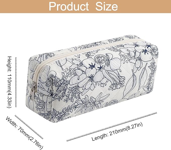 HHQQWZ Cute Floral Cotton Makeup Brush Cosmetic Bag for Women, Travel Quilted Zipper Make Up Bag, Flowers Toiletry Organizer Case Kawaii Makeup Cosmetic Travel Cloth Pouch (Navy Blue Flower)