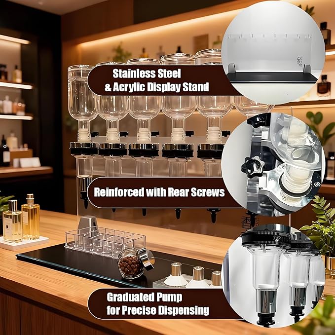 Hrxllb Professional Manual Perfume Dispenser, Liquid Filling Machine Transfer Tools,Manual Dispenser Set, Adjustable Pump Heads & Testing Cups for Shops & Lab & Bars(8 Heads)