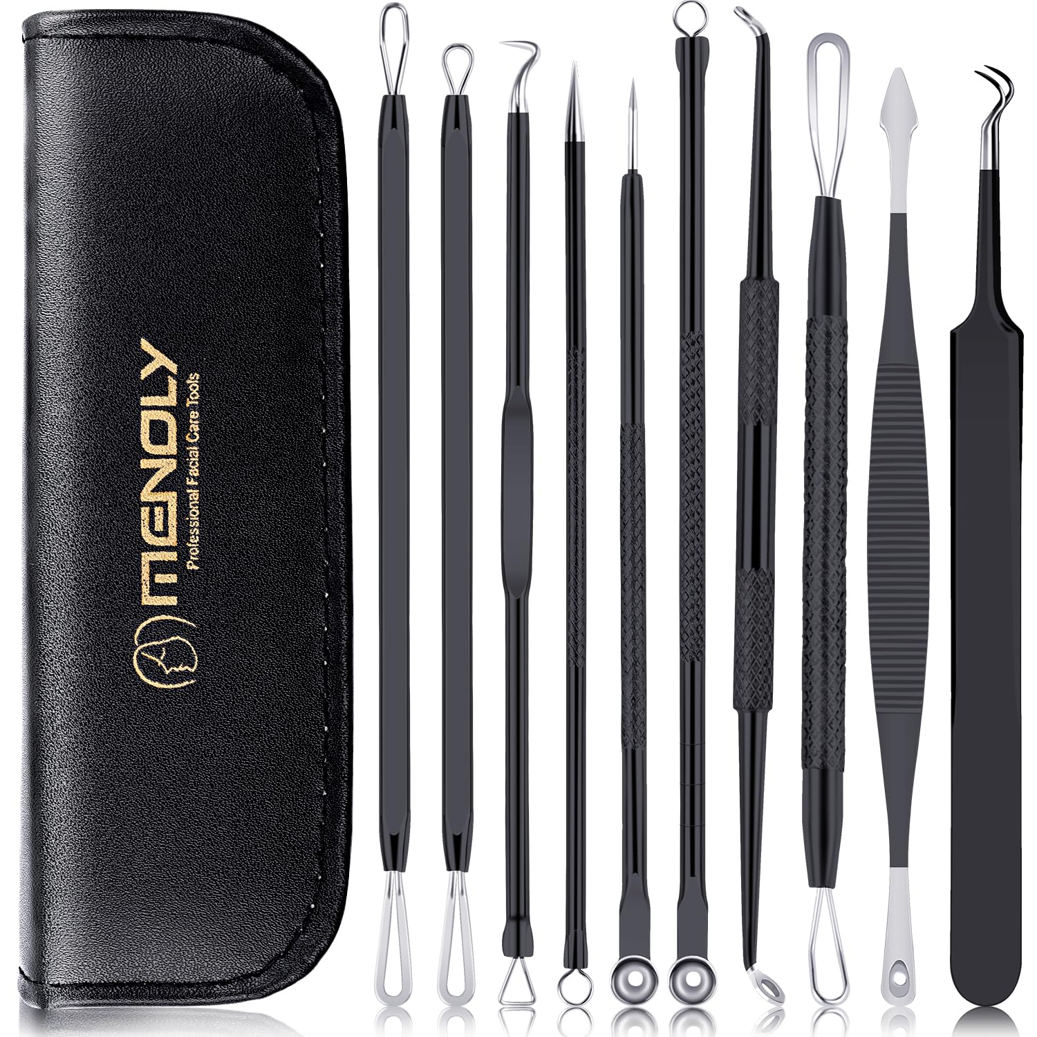 MENOLY Pimple Popper Tool Kit 10 Pcs Blackhead Remover Tool Zit Popper for Blemish, Pimple Comedone Extractor Acne Tool for Blackheads, Acnes, Whiteheads Nose Face Tools with Leather Bag