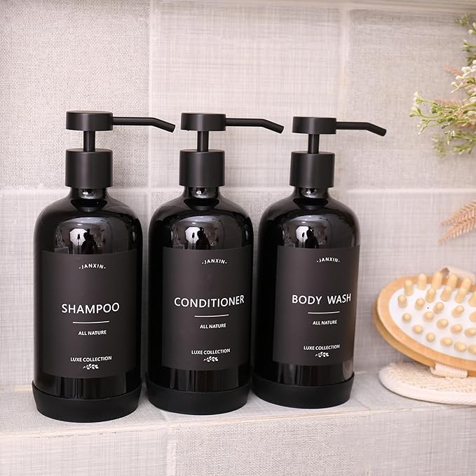 Janxin Shampoo and Conditioner Dispenser Set of 3,Refillable 21oz Shampoo Bottles with Non-Slip Protective Silicone Pad,Shower Soap Dispenser with Waterproof Labels for Bathroom (Black)