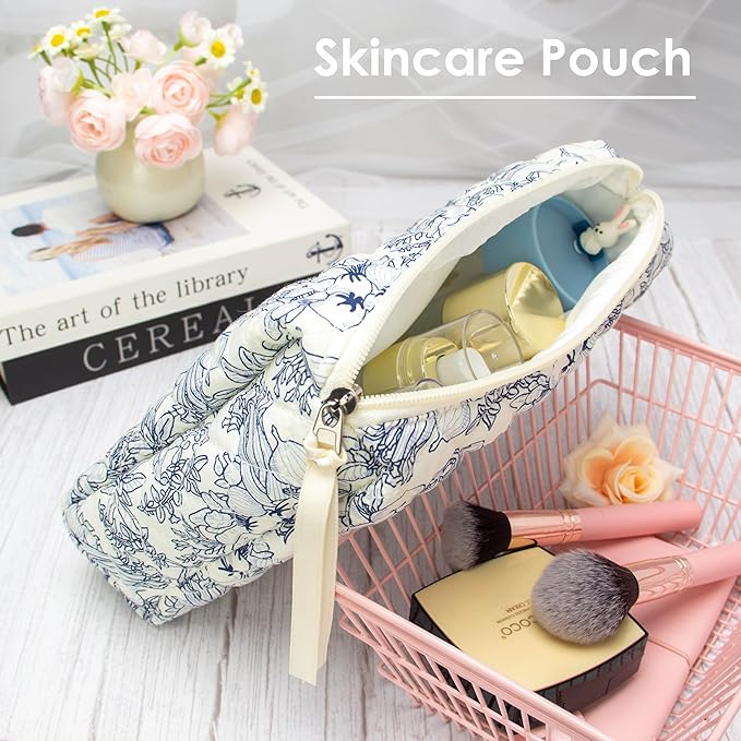 PAZIMIIK Quilted Makeup Bag Large Travel Zipper Soft Cosmetic Pouch for Women Girls Make Up,Jouy Blue