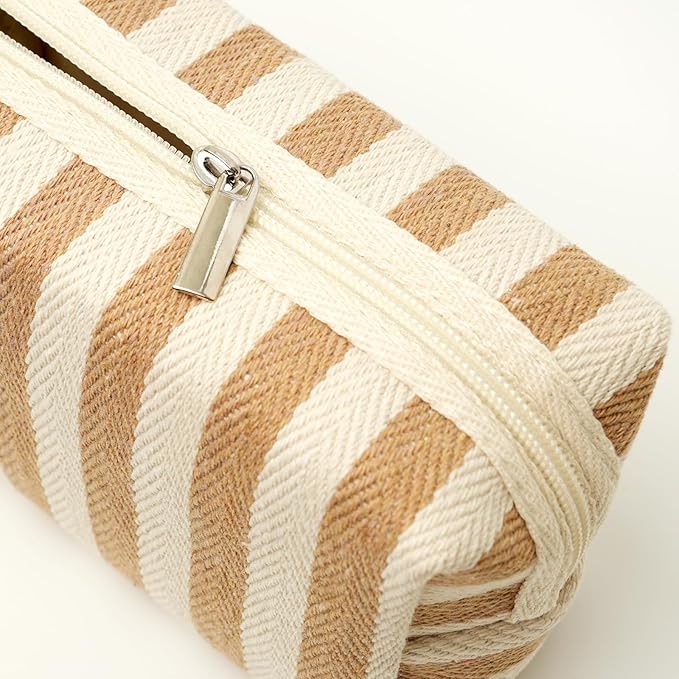 Beayuva 3 Pcs Makeup Bag Set Striped Canvas Purse Cosmetic Bag For Women Travel Toiletry Pouch Organizer pencil case (Khaki-White)