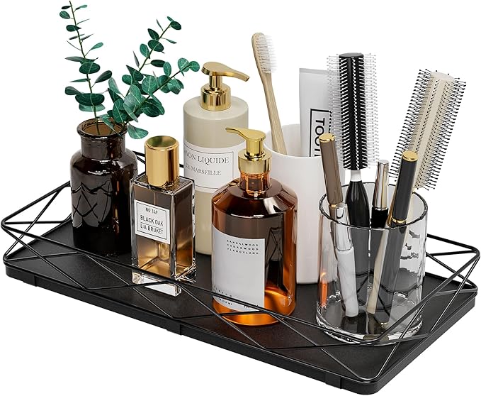 Toilet Paper Basket Holder, 13" Toilet Tank Tray, Wood and Metal Toilet Tray Vanity Organizer Bathroom Tray, Kitchen Sink Organizer for Soap Dispenser (Black)