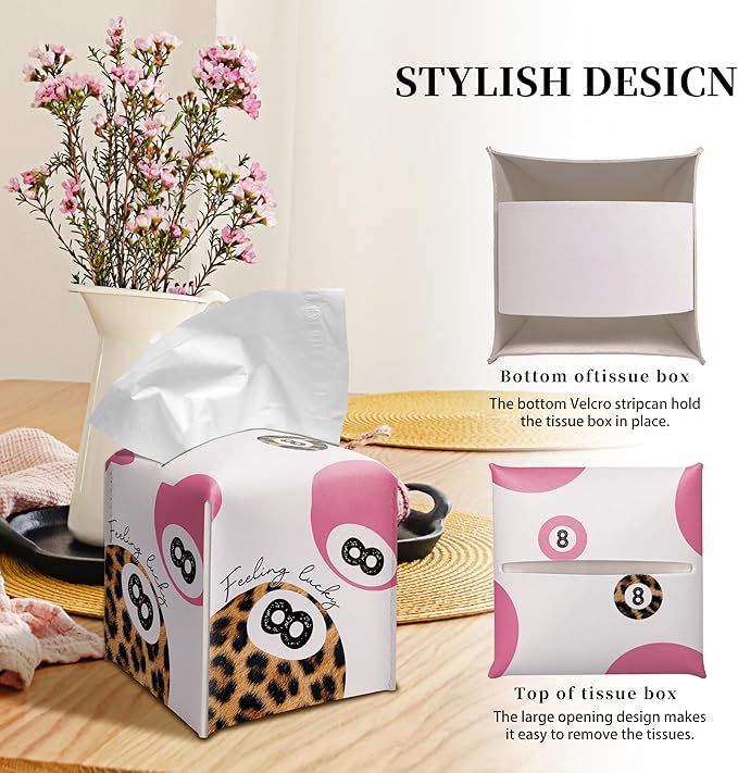 Grace Yonks Cute Tissue Box Cover Square - Leopard Print & Pink 8 Ball “Feeling Lucky” Design 5.2" PU Leather Holder for Vanity, Desk, or Bathroom Counter - Cube Case for Facial Tissues(014)