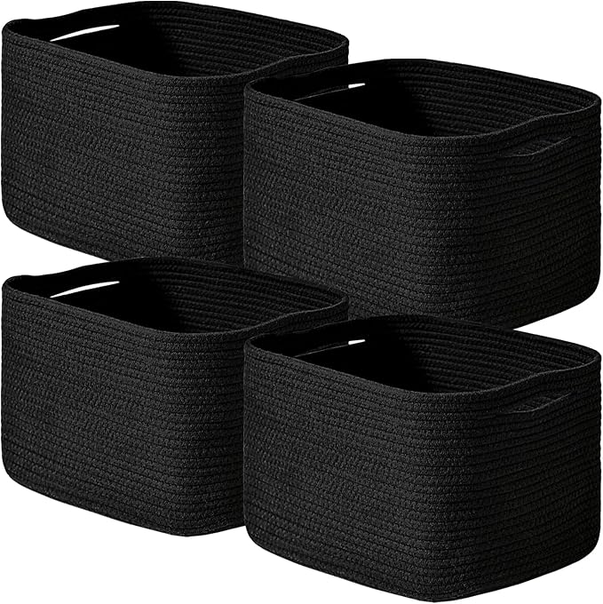 ICERZCZ Black Storage Baskets for Shelves, Small Storage Baskets for Organizing, Woven Cotton Rope Baskets for Storage, Book Basket, Decorative Shelf Basket, 12.5"Lx9.1''Wx7.9''H (4 Packs) Black