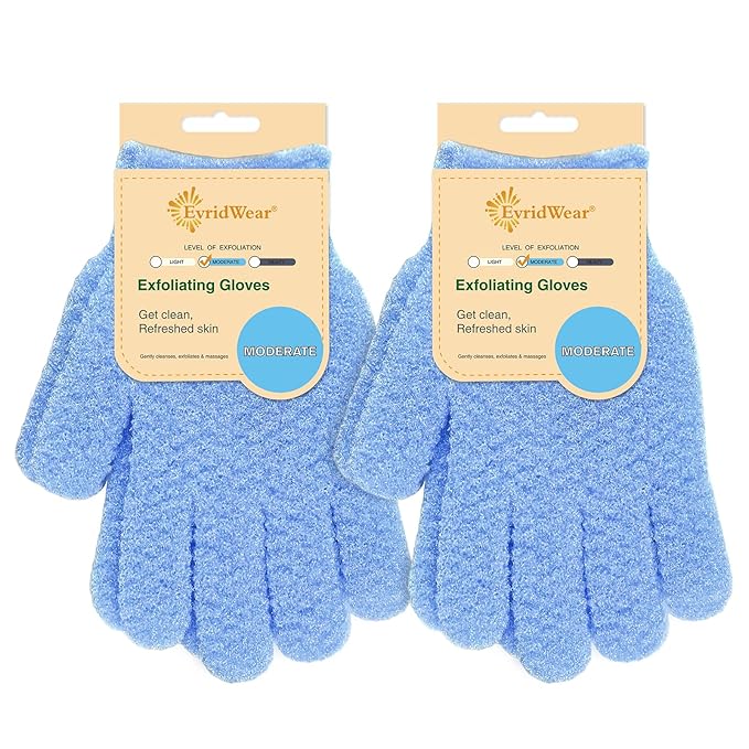 Evridwear Exfoliating Dual Texture Bath Gloves for Shower, Spa, Massage and Body Scrubs, Dead Skin Cell Remover, Gloves with Hanging Loop (2 Pairs Moderate)