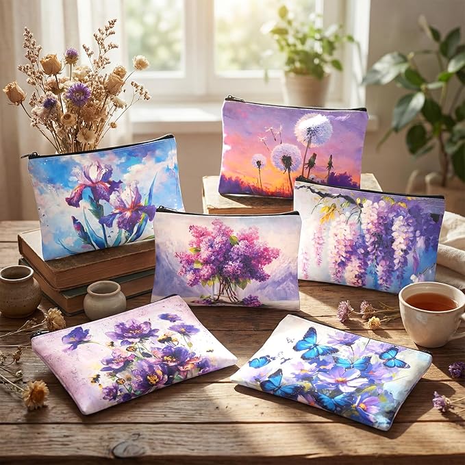Sweetude 12 Pcs Purple Flowers Makeup Bags Bulk Purple Portable Travel Cosmetic Bag with Zipper Oil Painting Floral Waterproof Roomy Travel Toiletry Organizer Storage Beauty Pouch for Women Gifts