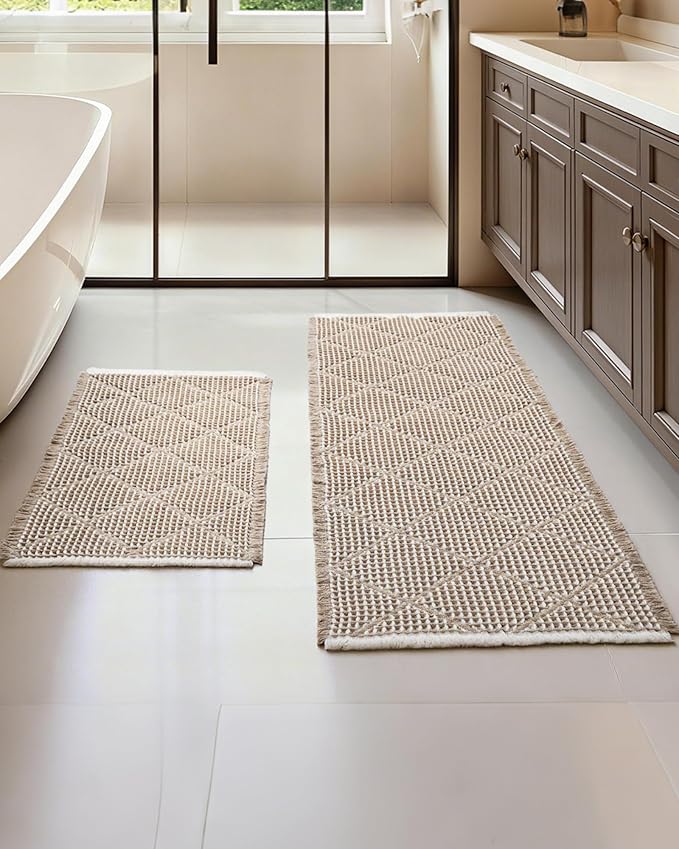 Furicher Waffle Bath Mat Set, Non Slip Bathroom Rugs 2 Piece, Brown & White