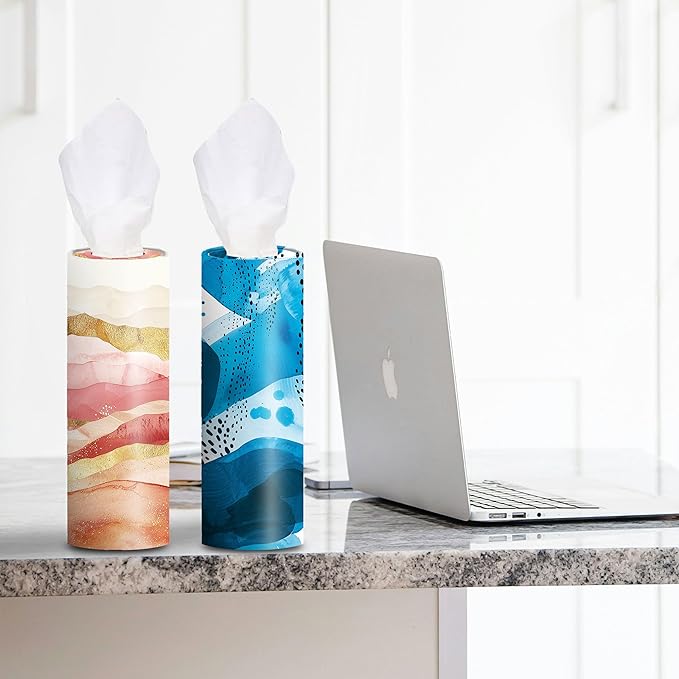4-Pack Car Tissue Cylinders - Modern Trendy Abstract Art Patterns, Fits Cup Holders, Travel Tissue Tubes with Facial Tissues (Abstract Design)