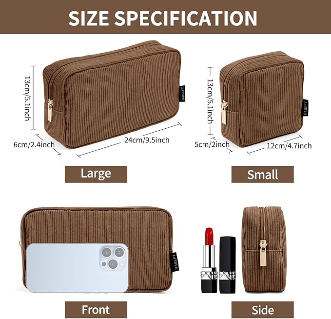 MAGEFY Makeup Bag for Purse, 2 Pcs Corduroy Cosmetic Bag for Girls Women Small Travel Makeup Pouch with Zipper(Brown)