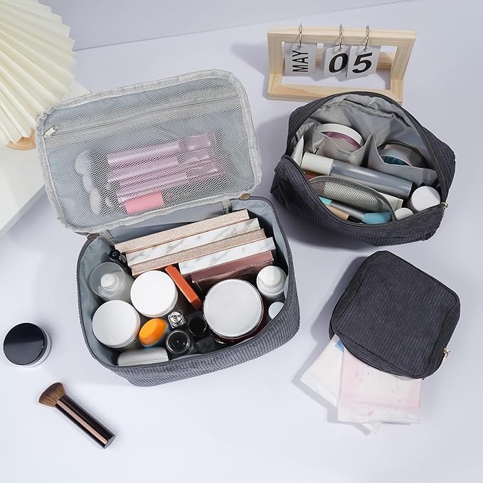 MAGEFY Makeup Bag, 3 Pcs Cosmetics Bag Large Capacity with Handle Make Up Bag for purse Corduroy Bag Pouch for Purse Travel Makeup Organizer Bag-Grey
