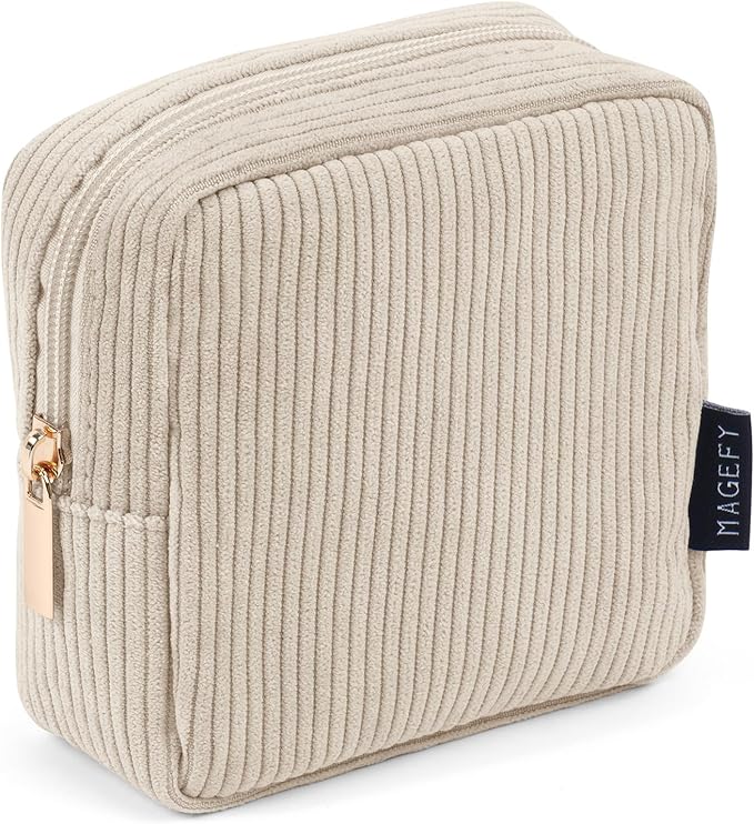 MAGEFY Small Makeup Bag for Purse Mini Cosmetics Bag Corduroy Cute Cosmetic Pouch for Women with Slip-in Pockets (Beige)