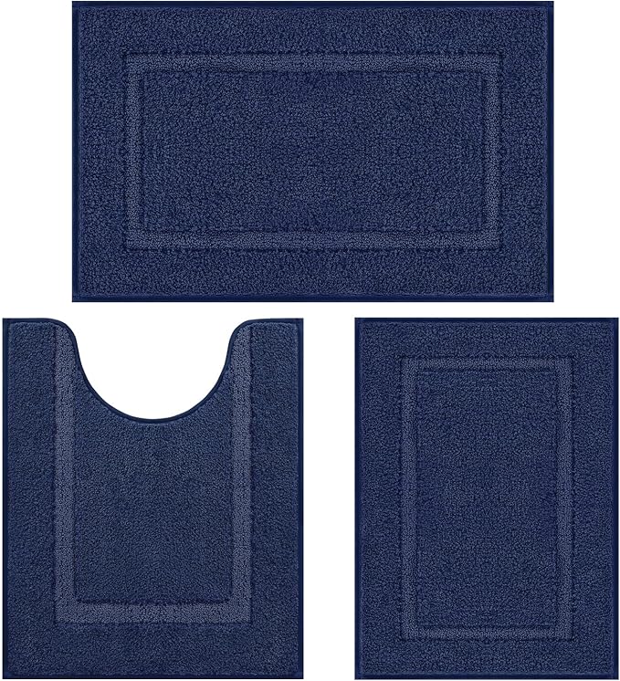 SHACOS Navy Blue Bathroom Rugs Sets 3 Piece Bath Mat U Shaped Toilet Rug