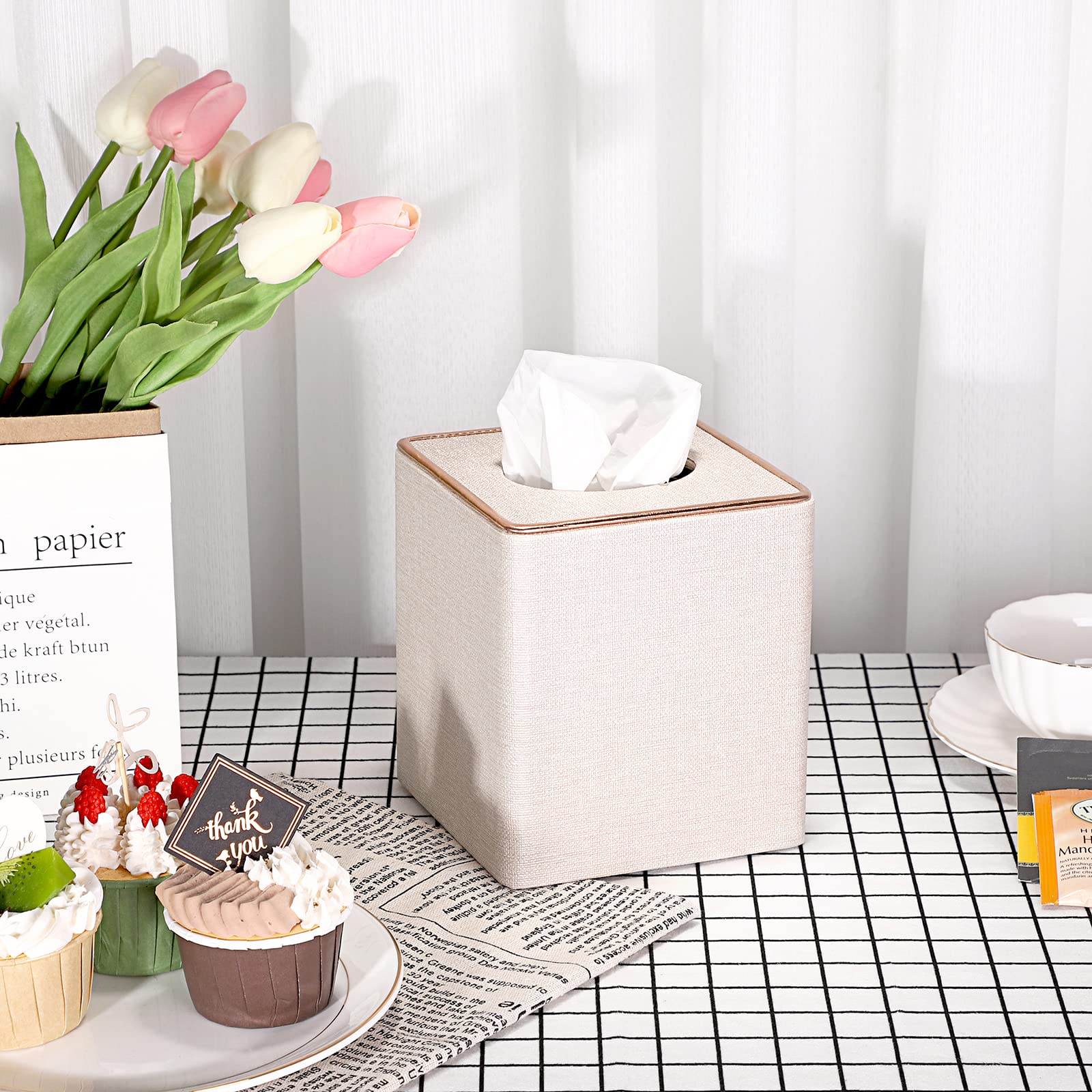 Sumnacon Square Linen Tissue Box Cover - Stylish Cube Tissue Box Holder with Magnetic Bottom, Decorative Tissue Box for Vanity Toilet Tank Dresser Night Stand Table Countertop Office Car, Beige
