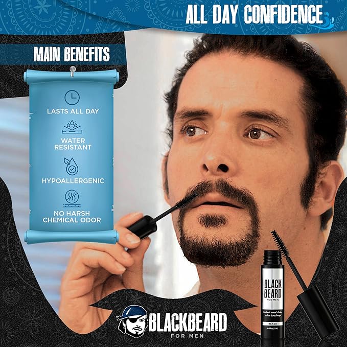 Blackbeard for Men Beard Color – 1-Day Beard, Mustache, Eyebrow, Sideburns Color – Temporary Facial Hair Tint - Hypoallergenic Beard Dye Alternative – Up to 45 applications – Black, 3 Pack