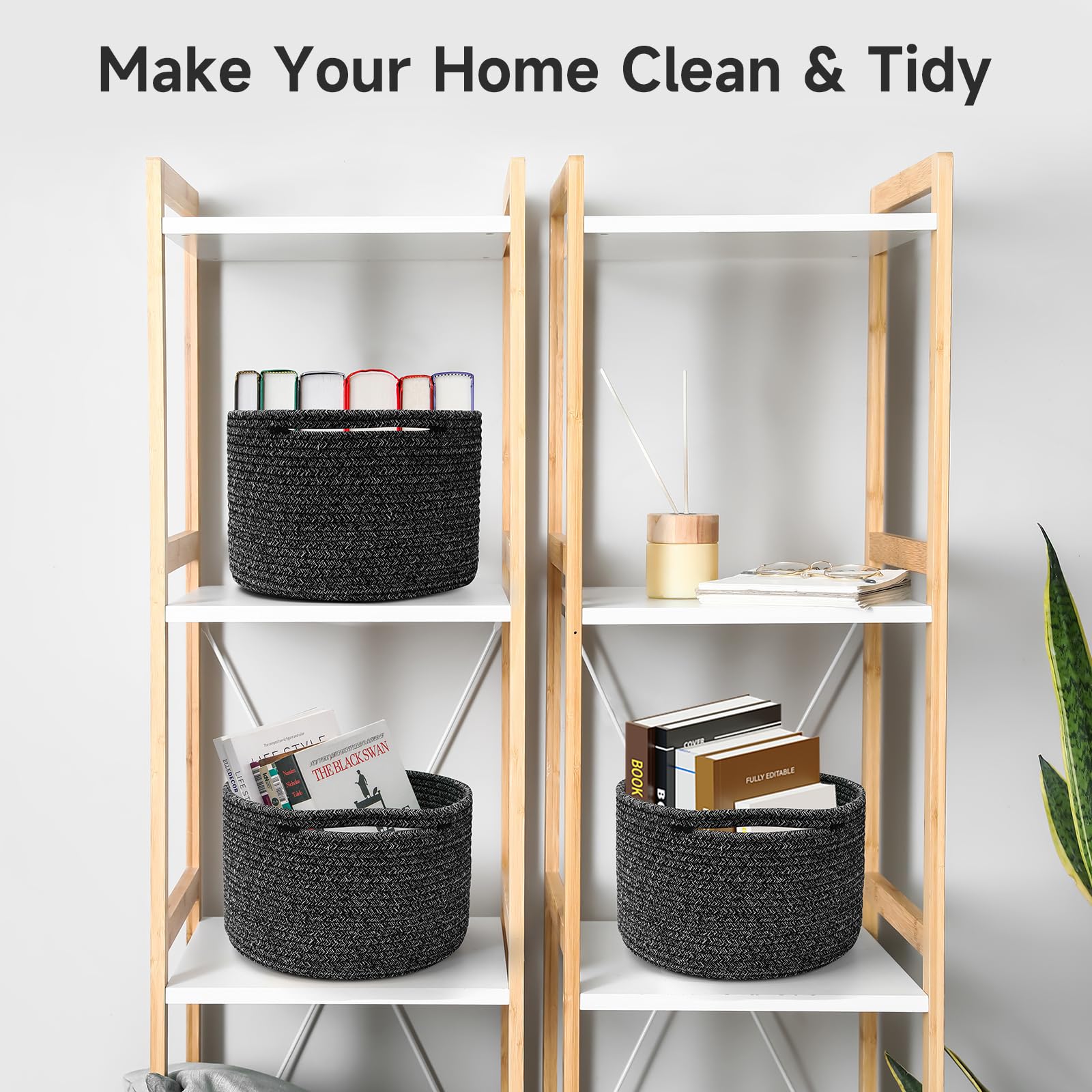Maxuni 3 Pack Small Rope Storage Baskets, 9.82×9.82×7.1", Black