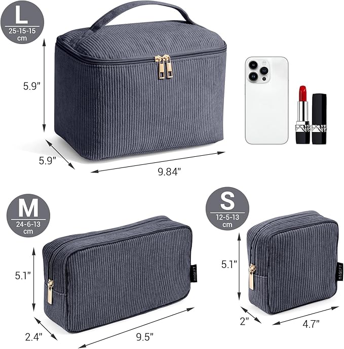 MAGEFY Makeup Bag, 3 Pcs Cosmetics Bag Large Capacity with Handle Make Up Bag for purse Corduroy Bag Pouch for Purse Travel Makeup Organizer Bag-Grey