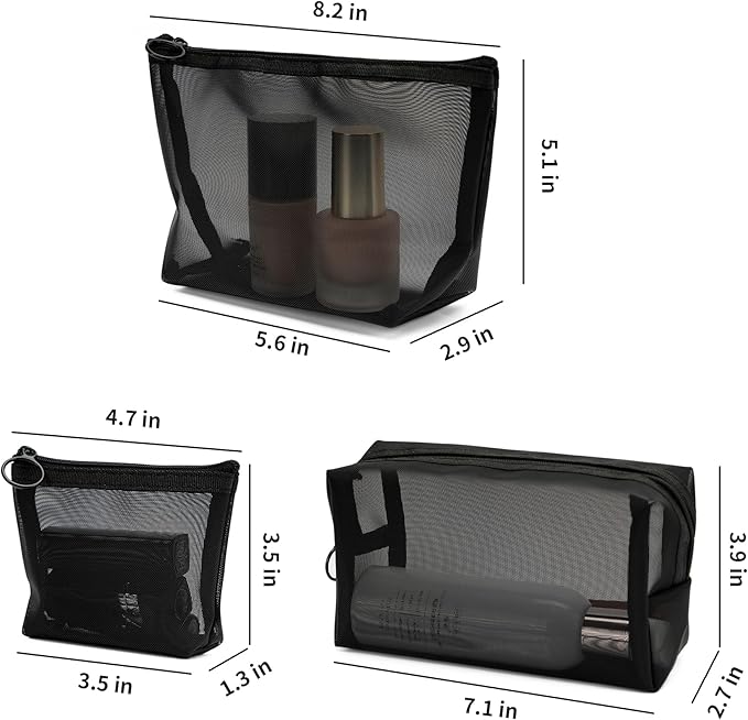 TOPASION Portable Mesh Makeup Bag with Zipper Small Travel Toiletry Bag Lightweight Cosmetic Pouch (Black 3 Piece Set)