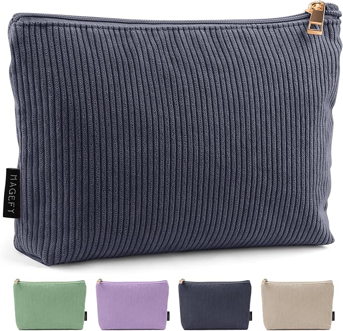 MAGEFY Small Makeup Bag for Purse Corduroy Makeup Bag with Inner Zipper Pockets Travel Cosmetic Bag for Women Preppy Stuff Gifts for Her, Black