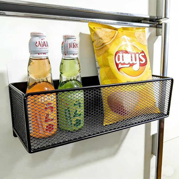 Magnetic Basket Organizer Holder for Fridge，Magnetic Shelf for Washing Machine， Magnetic Mesh Basket, Black Rectangular Steel Shelf Organizer, 10.43 x 4.92 x 3.15 Inches (Black , 1 pack)
