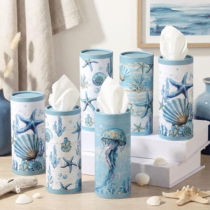Fourluoo 12 Pack Summer Ocean Car Tissue Cylinder Holder Bulk with 3 Ply Facial Tissues Starfish Round Napkin Holders for Cup Holder Cylinder Colorful Travel Paper Tubes Bulk Napkin Boxes Packs