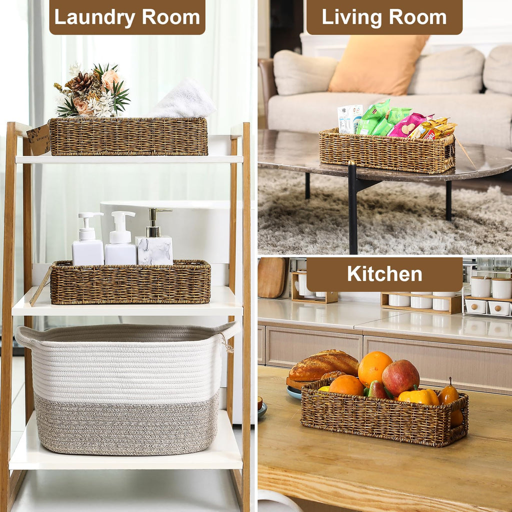 Small Wicker Basket for Toilet: Waterproof Storage Basket Organizing Over Tank Topper Tan 2pack
