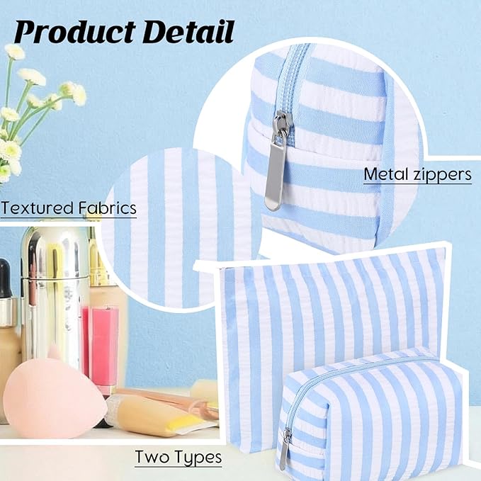 2 Pcs Makeup Bag Set Cute Cosmetic Pouch for Women Seersucker Travel Toiletry Bag Preppy Small Makeup Purse Pouch Aesthetic Skincare Brushes Storage Organizer for Valentine Women(Blue Wide)