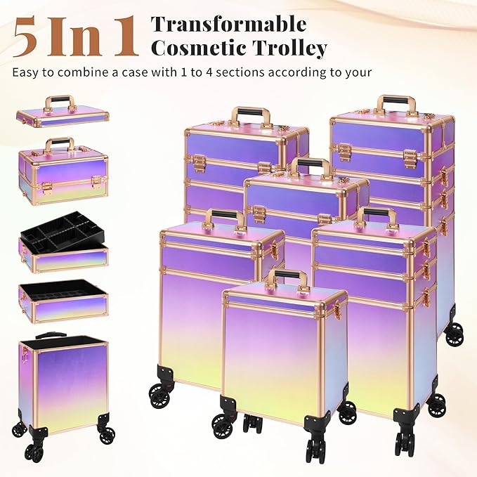 JINGUAN Professional Rolling Makeup Train Case with Lid, 5 in 1 Cosmetology Case on Wheels, Large Cosmetic Trolley Organizer Travel for Hairstylist Artist Nail Beauty Salon Barber, Colorful