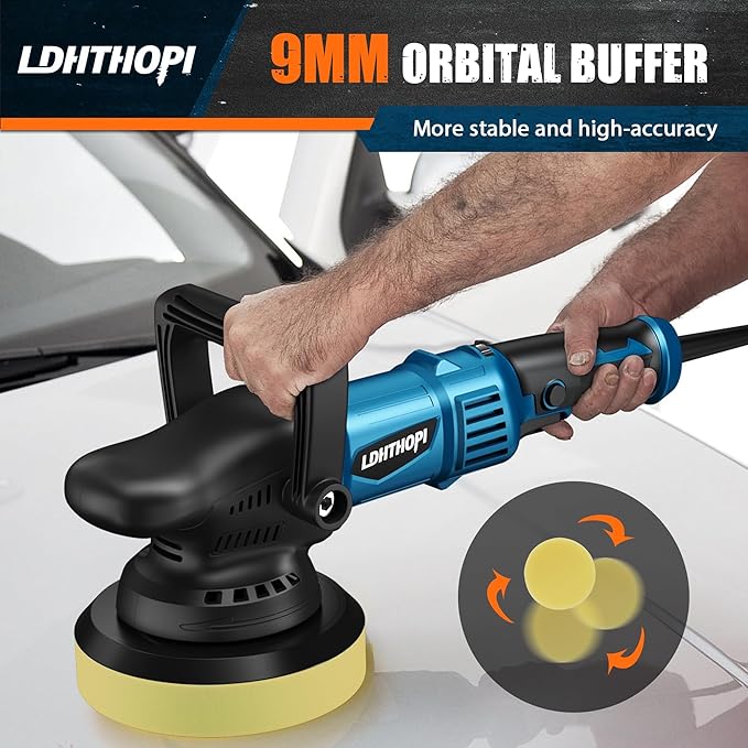LDHTHOPI Dual Action Polisher, 980W 5/6 Inch, 2026 Upgraded 9MM Random Orbital Buffer Polisher for Car Detailing, 2800-5800RMP, 6 Variable Speed Buffer Polisher with 8 Detachable Pads
