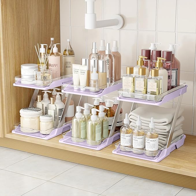 AUGBEAN 3 Pack Bathroom Organizers and Storage - Multi-Purpose,2-Tier Clear Pull Out Organization for Bathroom,Under Sink,Kitchen,Vanity,Countertop,Cabinet,Pantry & Medicine Cabinet,Pink