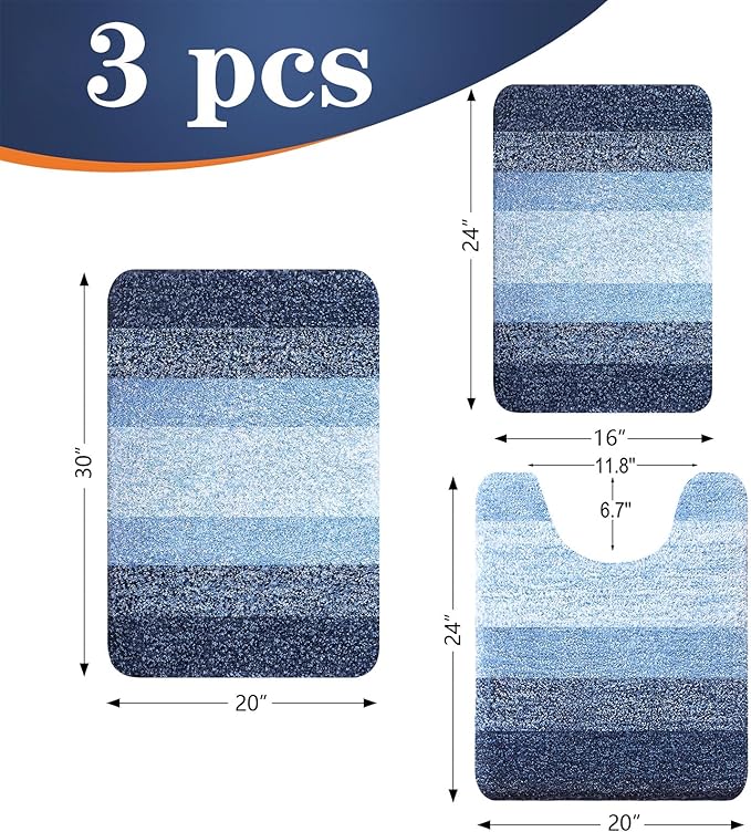 OLANLY Microfiber Bathroom Rugs Sets 3 Piece, 30"x20"+24"x16"+24"x20"