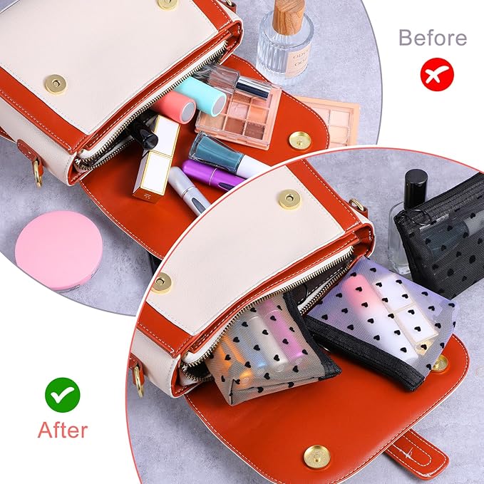 Aiyorse 3Pcs Mini Cosmetic Bags, Heart Print Mini Zipper Mesh Bags, Lipstick Cosmetic Accessories Organizer, Zipper Mesh Cosmetic Bag for Women, Small Makeup Bag for Purse, Style 3
