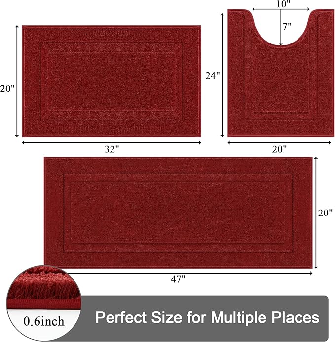 SHACOS Red Bathroom Rugs Sets 3 Piece Bath Mat U Shaped Toilet Rug