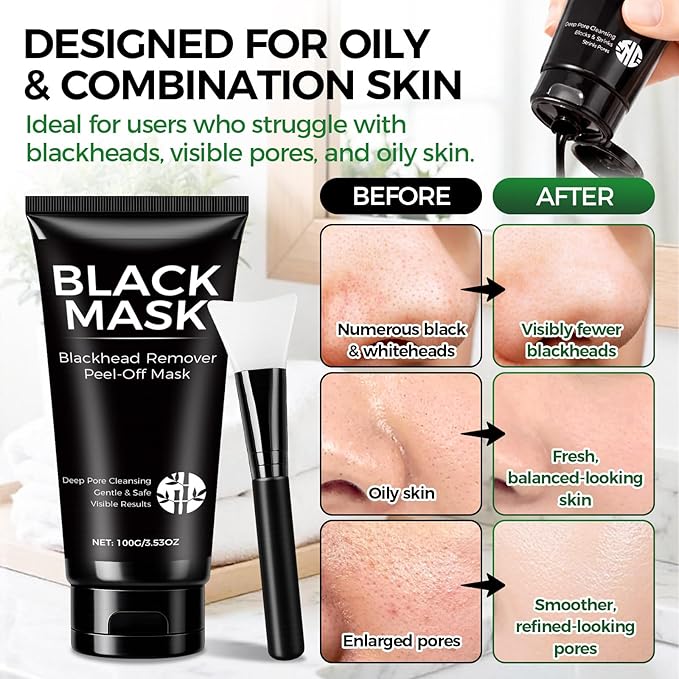 Balldanlu Blackhead Remover Mask Kit, 100ml Charcoal Peel Off Face Mask for Men & Women, Facial Mask Deep Cleansing for Face Nose Blackhead Pores Acne, for Oily & Combination Skin
