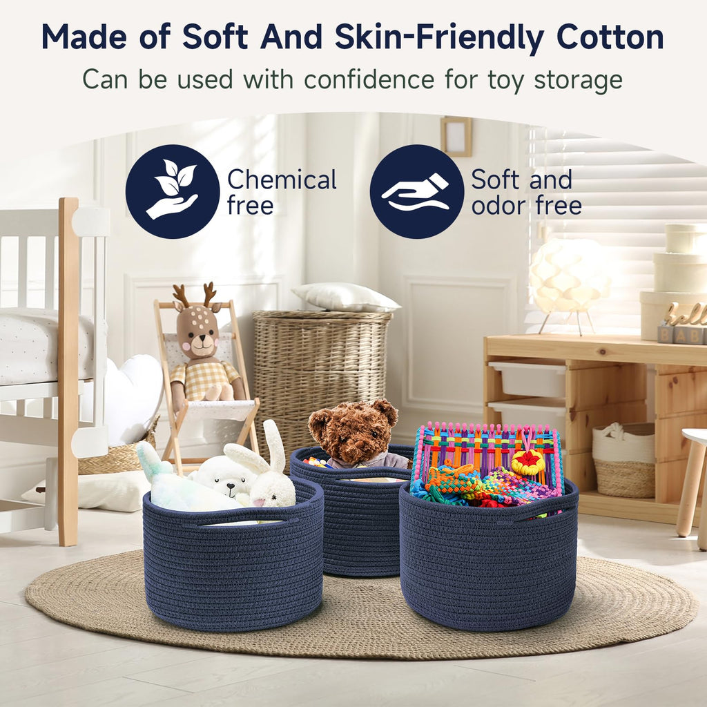 Maxuni 3 Pack Small Rope Storage Baskets, 9.82×9.82×7.1", Navy Blue