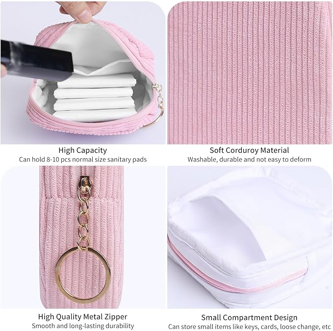 Teircno Sanitary Napkin Storage Bag, Preppy Corduroy Period Bag for Women, Cute Portable Period Pouch with Zipper, Sanitary Pads Bag Tampons Holder for Purse, First Period for Women Ladies
